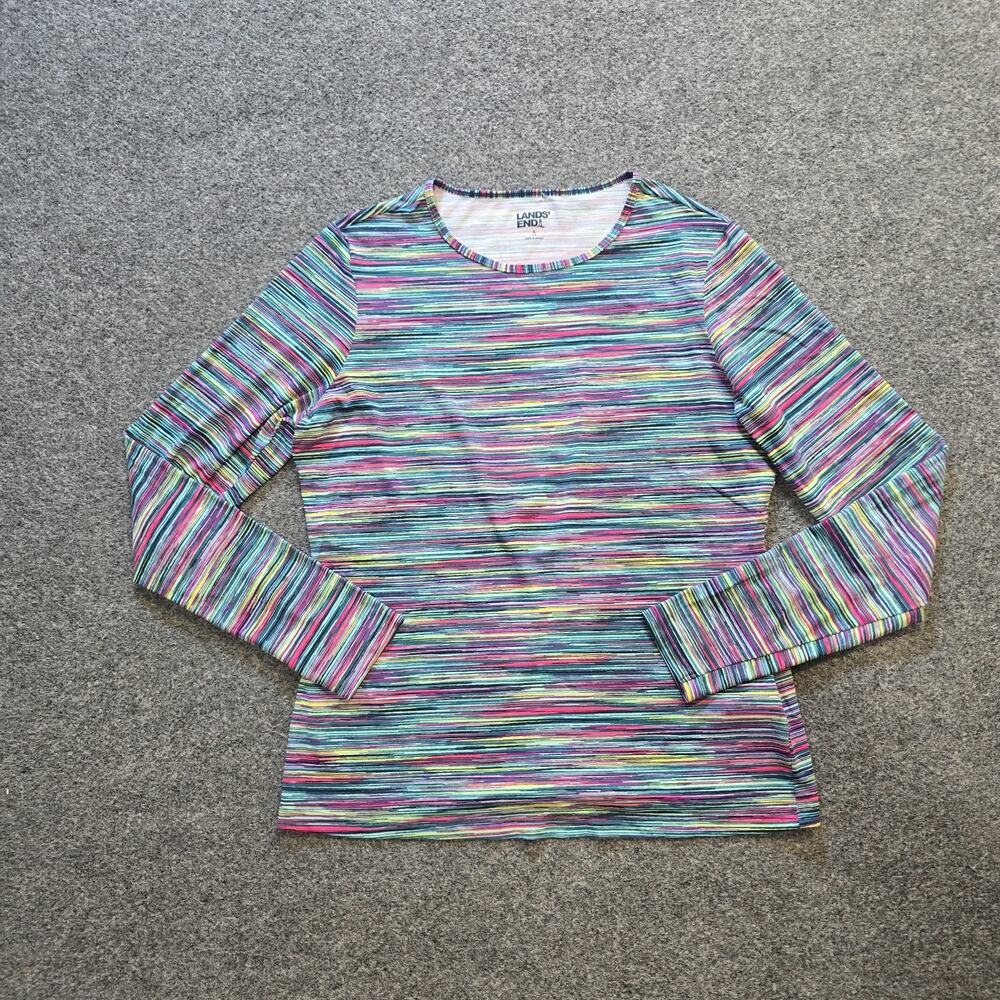 Lands End Top Womens Size Small Blue Pink Striped Stretchy Performance Casual